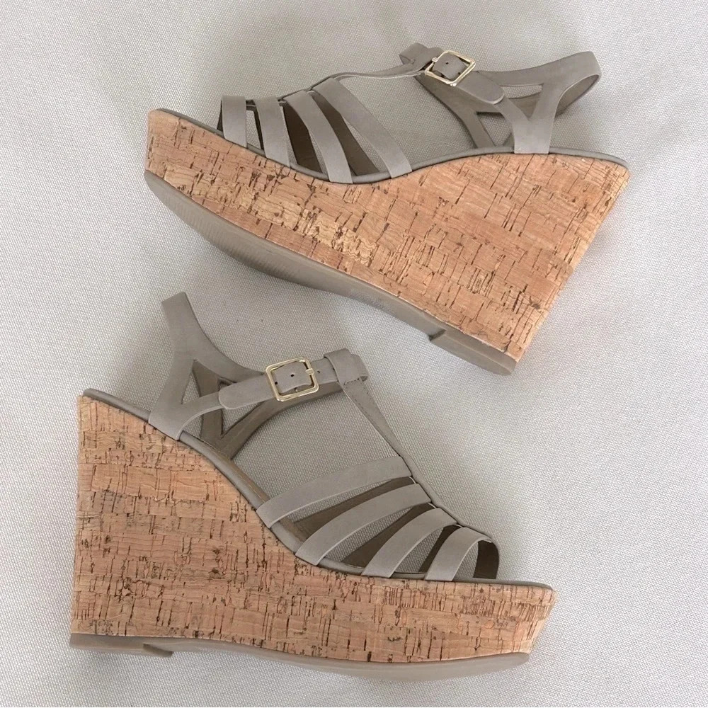 STEVE MADDEN Taupe Nalla Cork Wedge Platform Strappy Sandals /‎ Women’s Size 8